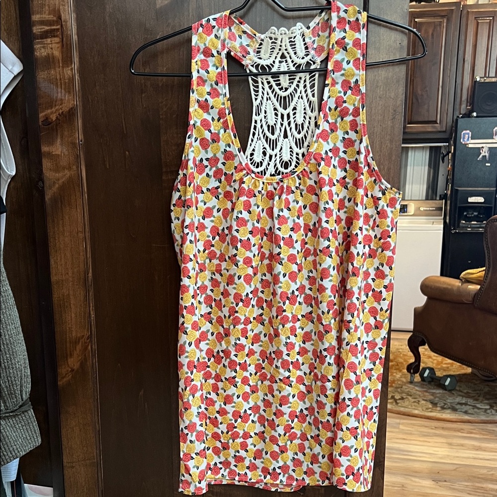Crochet Back Floral Tank Top - Pink, Yellow, White